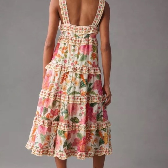Anthropologie Farm Rio Square Neck Tiered Ruffle Dress Floral Birds - Picture 2 of 6